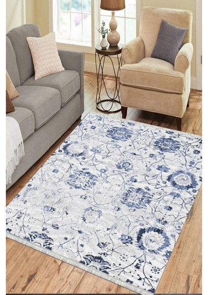 Vintage Mavi Çiçekli Desen Kaymaz Taban Kilim Yıkanabilir Yolluk Dot Tabanlı Salon Halısı 4171A