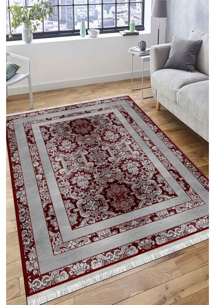 Bordo Klasik Desen Kaymaz Taban Kilim Yıkanabilir Yolluk Dot Tabanlı Salon Halısı 4164C fırsatları