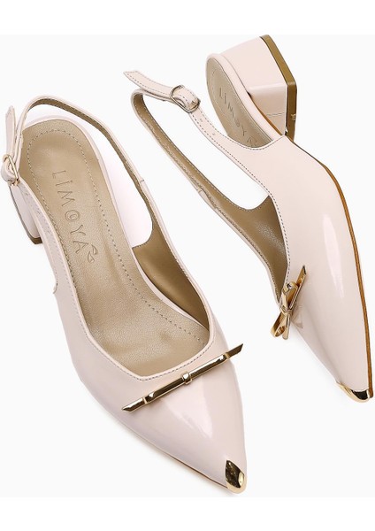 Noella Bej Rugan Sivri Burunlu Metalik Fiyonklu Kısa Topuklu Kadın Ayakkabı