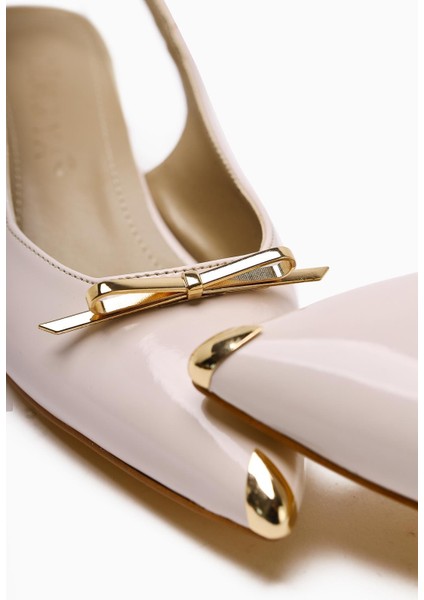 Noella Bej Rugan Sivri Burunlu Metalik Fiyonklu Kısa Topuklu Kadın Ayakkabı modelleri