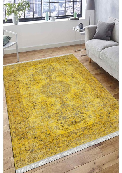 Sarı Çiçekli Desen Kaymaz Taban Kilim Yıkanabilir Yolluk Dot Tabanlı Salon Halısı 4182A fırsatları
