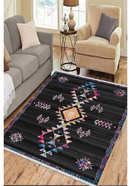 Siyah Renk Otantik Halı Kaymaz Taban Kilim Yıkanabilir Yolluk Dot Tabanlı Salon Halısı 4209C