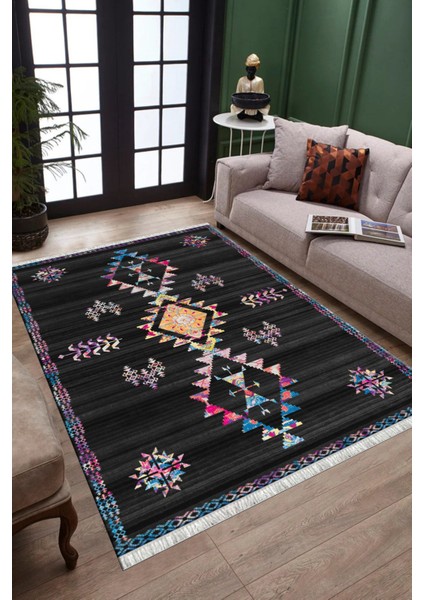 Siyah Renk Otantik Halı Kaymaz Taban Kilim Yıkanabilir Yolluk Dot Tabanlı Salon Halısı 4209C fiyatları