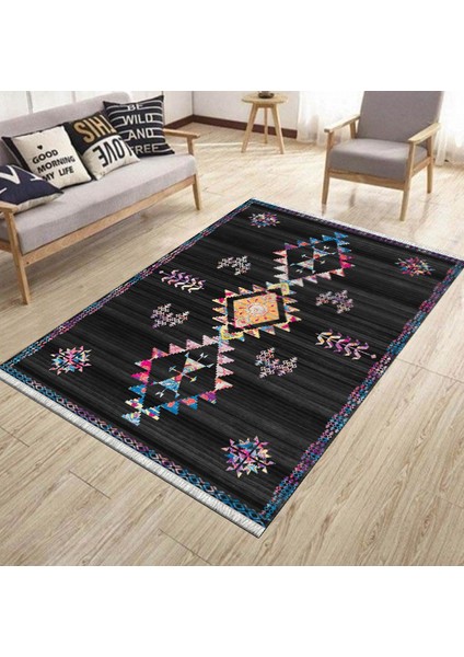 Siyah Renk Otantik Halı Kaymaz Taban Kilim Yıkanabilir Yolluk Dot Tabanlı Salon Halısı 4209C modelleri
