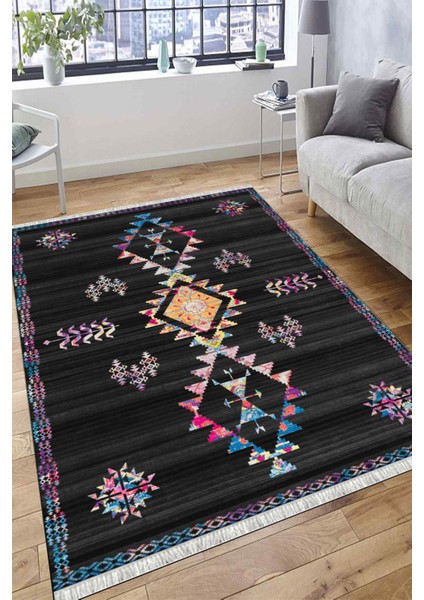 Siyah Renk Otantik Halı Kaymaz Taban Kilim Yıkanabilir Yolluk Dot Tabanlı Salon Halısı 4209C fırsatları