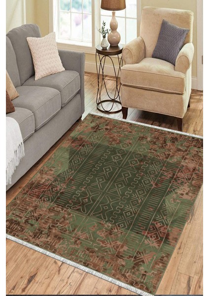 Haki Renk Vintage Desen Kaymaz Taban Kilim Yıkanabilir Yolluk Dot Tabanlı Salon Halısı 4205D