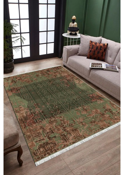 Haki Renk Vintage Desen Kaymaz Taban Kilim Yıkanabilir Yolluk Dot Tabanlı Salon Halısı 4205D fiyatları
