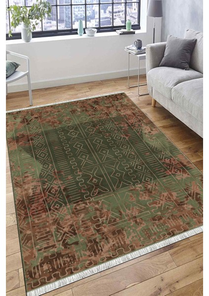 Haki Renk Vintage Desen Kaymaz Taban Kilim Yıkanabilir Yolluk Dot Tabanlı Salon Halısı 4205D fırsatları