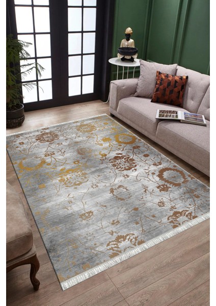 Gri Çiçekli Desen Kaymaz Taban Kilim Yıkanabilir Yolluk Dot Tabanlı Salon Halısı 4187A fiyatları