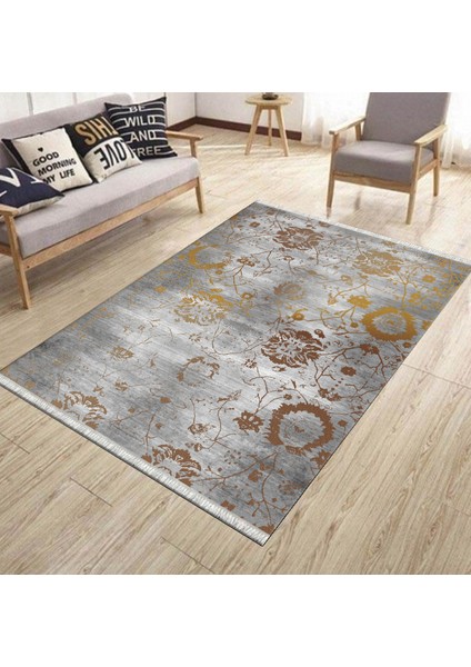 Gri Çiçekli Desen Kaymaz Taban Kilim Yıkanabilir Yolluk Dot Tabanlı Salon Halısı 4187A modelleri