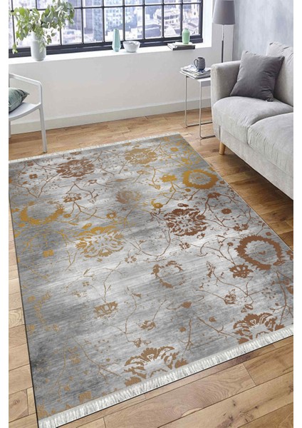 Gri Çiçekli Desen Kaymaz Taban Kilim Yıkanabilir Yolluk Dot Tabanlı Salon Halısı 4187A fırsatları
