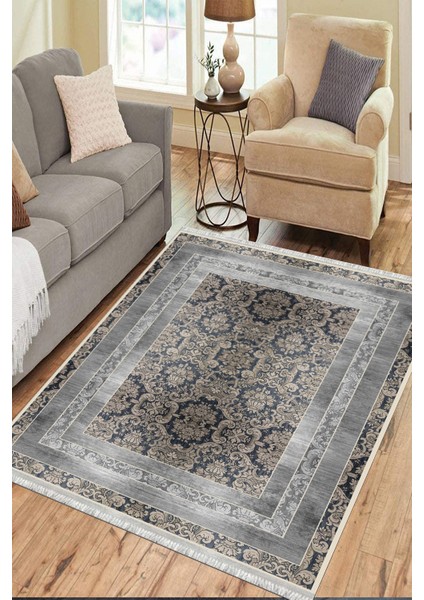 Gri Klasik Desen Halı Kaymaz Taban Kilim Yıkanabilir Yolluk Dot Tabanlı Salon Halısı 4164A