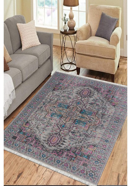 Gri Eskitme Klasik Desen Kaymaz Taban Kilim Yıkanabilir Yolluk Dot Tabanlı Salon Halısı 4194A