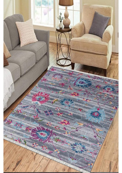 Eskitme Çiçekli Desen Kaymaz Taban Kilim Yıkanabilir Yolluk Dot Tabanlı Salon Halısı 4196A