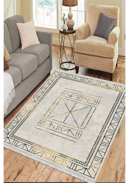 Geometrik Gold Figürlü Halı Kaymaz Taban Kilim Yıkanabilir Yolluk Dot Tabanlı Salon Halısı 4122A