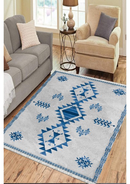 Gri Mavi Otantik Halı Kaymaz Taban Kilim Yıkanabilir Yolluk Dot Tabanlı Salon Halısı 4209B