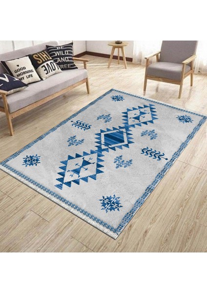 Gri Mavi Otantik Halı Kaymaz Taban Kilim Yıkanabilir Yolluk Dot Tabanlı Salon Halısı 4209B modelleri