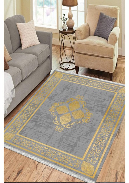 Gri Renk Vintage Desen Kaymaz Taban Kilim Yıkanabilir Yolluk Dot Tabanlı Salon Halısı 4204A