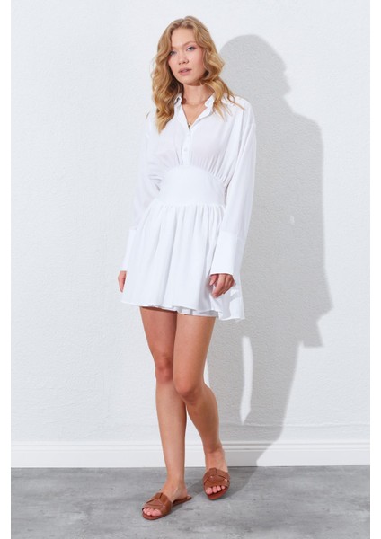 Kadın Ekru Beli Oturtmalı Gömlek Yaka Elbise modelleri