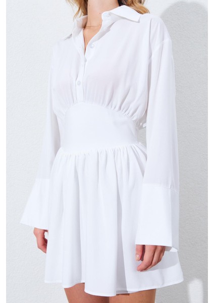 Kadın Ekru Beli Oturtmalı Gömlek Yaka Elbise indirimleri