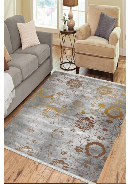 Gri Çiçekli Desen Kaymaz Taban Kilim Yıkanabilir Yolluk Dot Tabanlı Salon Halısı 4187A