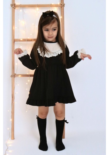 Kız Çocuk Ruby Siyah Uzun Kollu Dantel Detaylı Fırfırlı Elbise