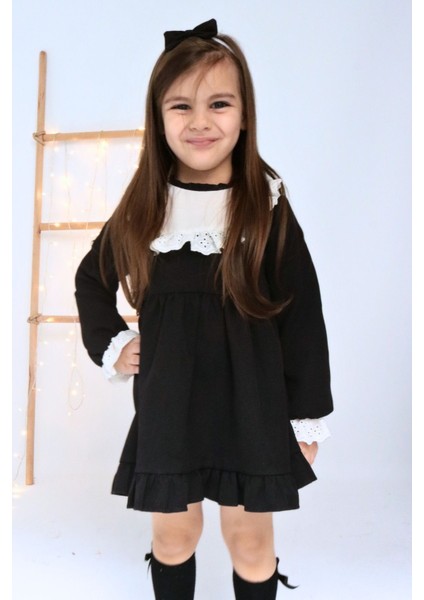 Kız Çocuk Ruby Siyah Uzun Kollu Dantel Detaylı Fırfırlı Elbise fiyatları