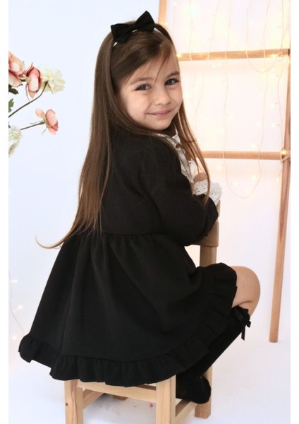 Kız Çocuk Ruby Siyah Uzun Kollu Dantel Detaylı Fırfırlı Elbise fırsatları