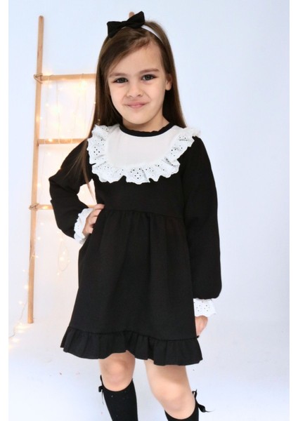 Kız Çocuk Ruby Siyah Uzun Kollu Dantel Detaylı Fırfırlı Elbise indirimleri