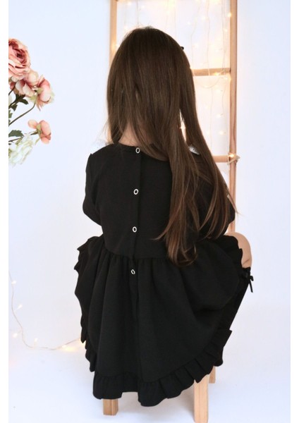 Kız Çocuk Ruby Siyah Uzun Kollu Dantel Detaylı Fırfırlı Elbise