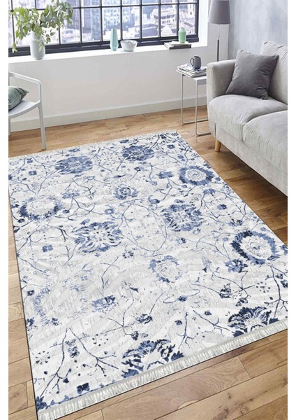 Vintage Mavi Çiçekli Desen Kaymaz Taban Kilim Yıkanabilir Yolluk Dot Tabanlı Salon Halısı 4171A fırsatları