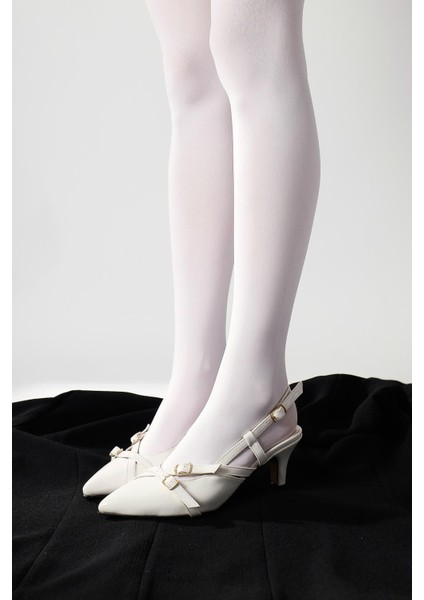 Monna Beyaz Sivri Burunlu Toka Detaylı Kısa Topuklu Ayakkabı modelleri