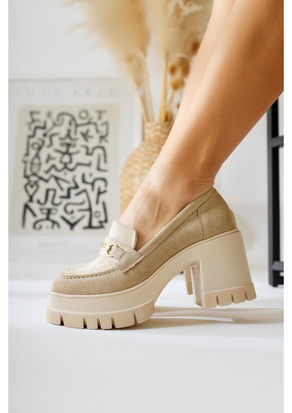 Manija Bej Süet Toka Detaylı Platformlu Makosen Ayakkabı