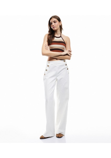 Yeni Sezon Yüksek Bel Pamuklu Rahat Kalıp Düğme Detaylı Geniş Paça Pantolon - Wide Leg Jean