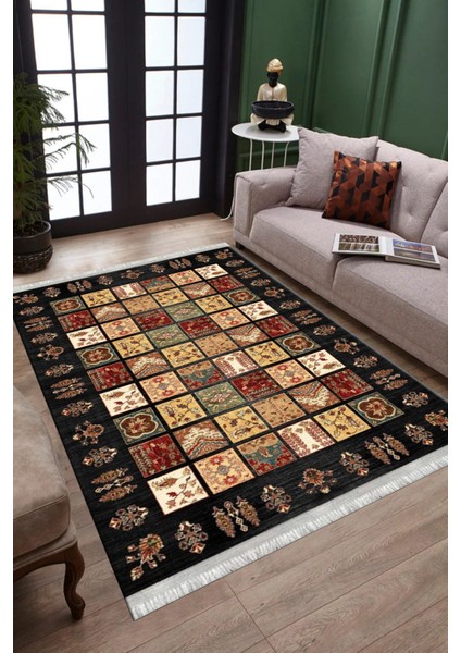 Siyah Otantik Halı Yıkanabilir Halı Kaymaz Taban Kilim Dot Tabanlı Oturma Odası Halısı 4026A fiyatları