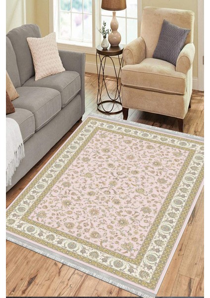 Klasik Bej Çiçekli Yıkanabilir Halı Kaymaz Taban Kilim Dot Tabanlı Oturma Odası Halısı 4010I