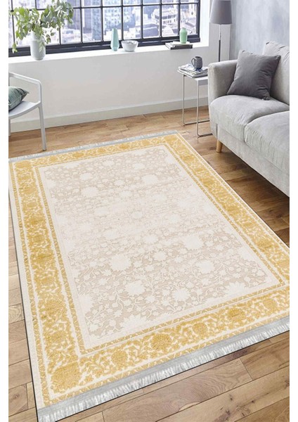 Gold Çiçekli Yolluk Yıkanabilir Halı Kaymaz Taban Kilim Dot Tabanlı Oturma Odası Halısı 4012B fırsatları
