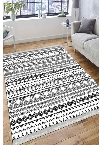 Siyah Beyaz Geometrik Kaymaz Taban Kilim Yıkanabilir Yolluk Dot Tabanlı Oturma Odası Halısı 4100A fırsatları