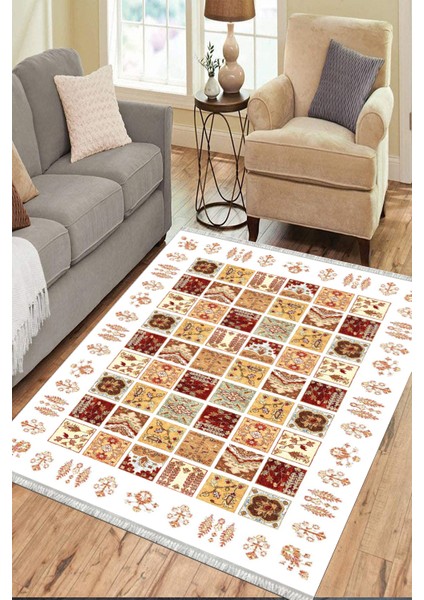Beyaz Otantik Halı Yıkanabilir Halı Kaymaz Taban Kilim Dot Tabanlı Oturma Odası Halısı 4026C