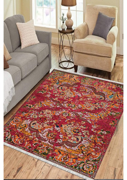 Mürdüm Renkli Otantik Halı Kaymaz Taban Kilim Yıkanabilir Yolluk Dot Tabanlı Salon Halısı 4208A
