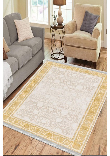 Gold Çiçekli Yolluk Yıkanabilir Halı Kaymaz Taban Kilim Dot Tabanlı Oturma Odası Halısı 4012B