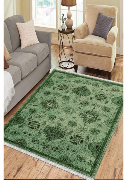 Yeşil Eskitme Klasik Desen Kaymaz Taban Kilim Yıkanabilir Yolluk Dot Tabanlı Salon Halısı 4195A