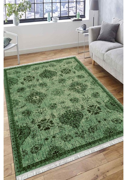 Yeşil Eskitme Klasik Desen Kaymaz Taban Kilim Yıkanabilir Yolluk Dot Tabanlı Salon Halısı 4195A fırsatları