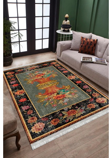 Yeşil Figürlü Vintage Kaymaz Taban Kilim Yıkanabilir Yolluk Dot Tabanlı Oturma Odası Halısı 4093A fiyatları