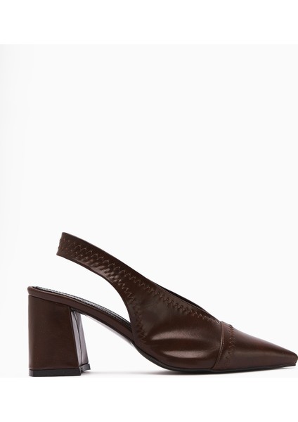 Essie Kahve Sivri Burunlu Elastik Dikiş Detaylı Kalın Topuklu Kadın Ayakkabı modelleri