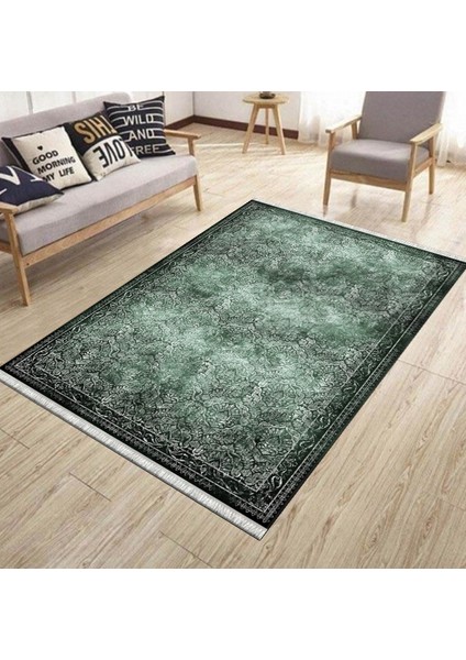 Haki Renk Vintage Desen Kaymaz Taban Kilim Yıkanabilir Yolluk Dot Tabanlı Salon Halısı 4202D modelleri