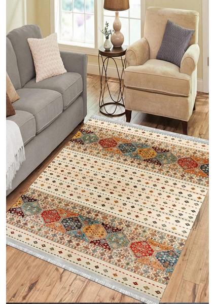 Otantik Desenli Halı Yıkanabilir Halı Kaymaz Taban Kilim Dot Tabanlı Oturma Odası Halısı 4054A