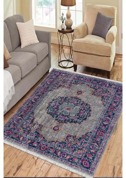 Çiçekli Vintage Desen Kaymaz Taban Kilim Yıkanabilir Yolluk Dot Tabanlı Salon Halısı 4192A