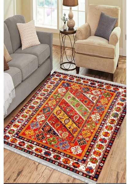 Kırmızı Klasik Halı Yıkanabilir Halı Kaymaz Taban Kilim Dot Tabanlı Oturma Odası Halısı 4058A