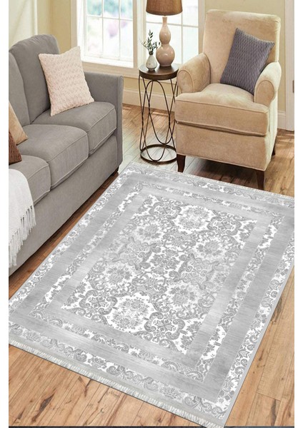 Açık Gri Klasik Desen Kaymaz Taban Kilim Yıkanabilir Yolluk Dot Tabanlı Salon Halısı 4164B